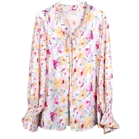 FloralTop Blouse Long Sleeve Halter Neck Flounce Sleeve Size L - Picture 1 of 7
